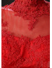 Red Lace Tulle High Neck Mermaid Long Wedding Dress